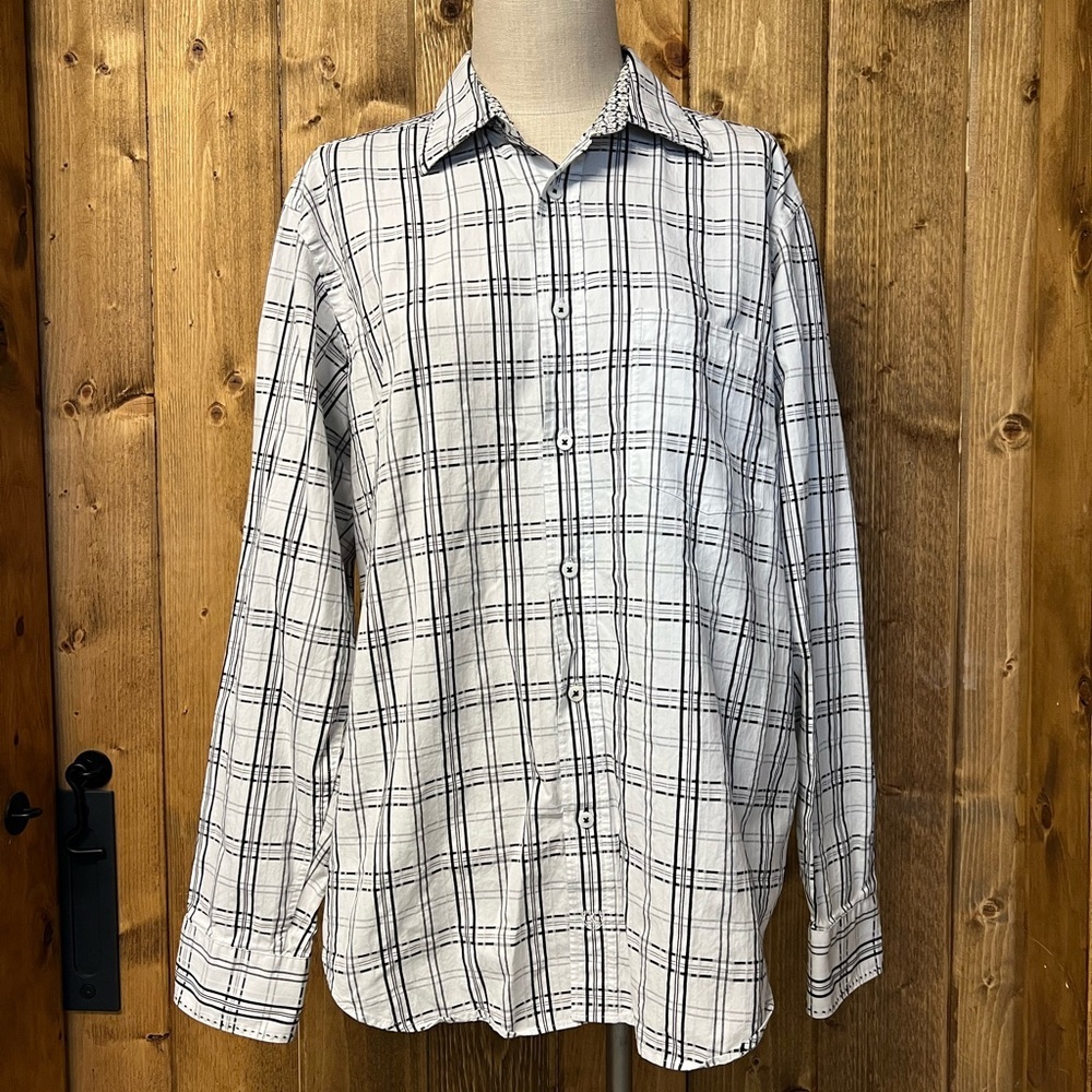 Men’s Bugatchi Large White Black Plaid Long Sleeve Button Up Floral Cotton Shirt - Picture 2 of 10